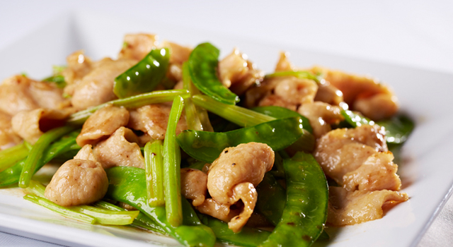 Stir Fried Alberta Pork Toro with Chinese Celery and Snow Peas by Chef Ming Yeung